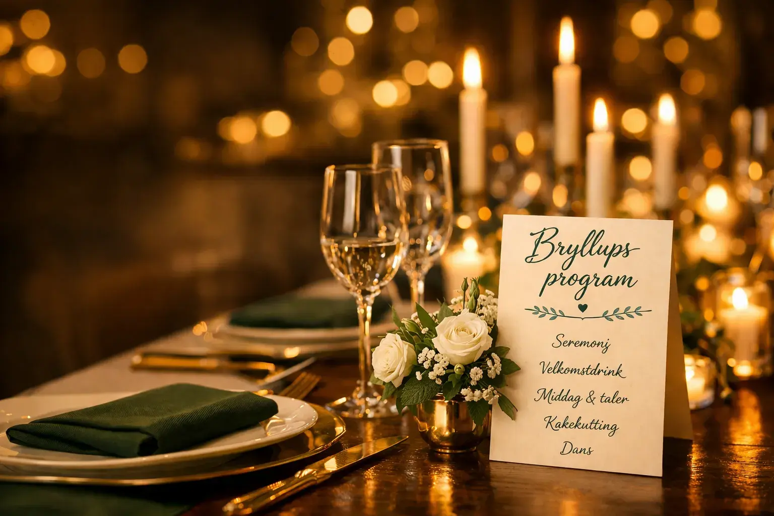 Vakkert dekket bryllupsbord med programkort og stearinlys