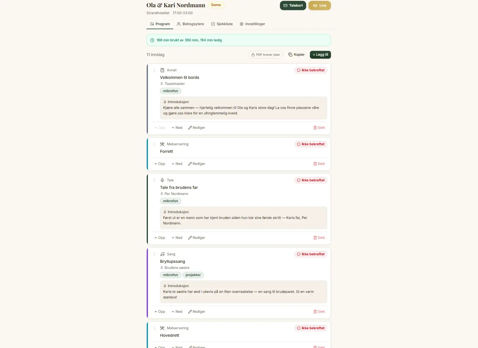Skjermbilde av kjøreplan-editoren i Toastmasteren