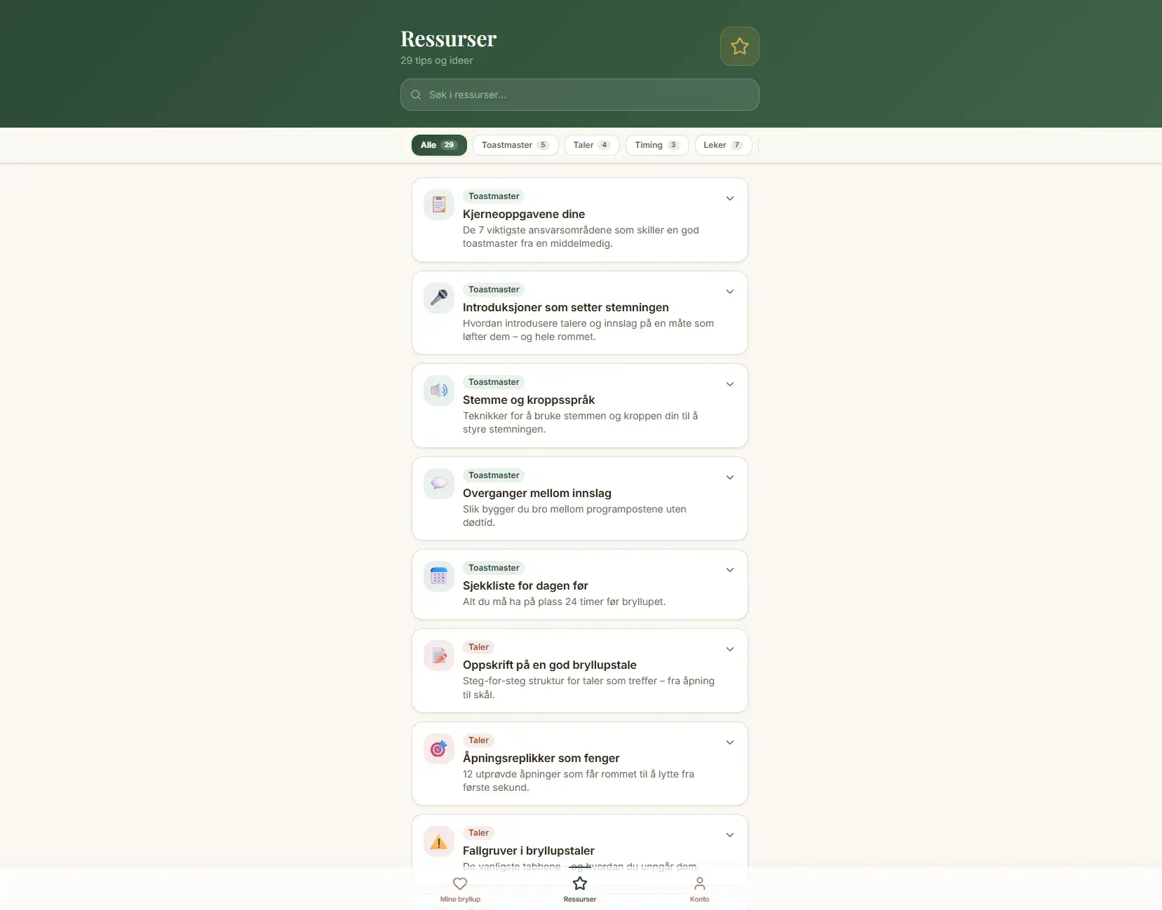 Skjermbilde av ressursbanken i Toastmasteren med tips og ideer